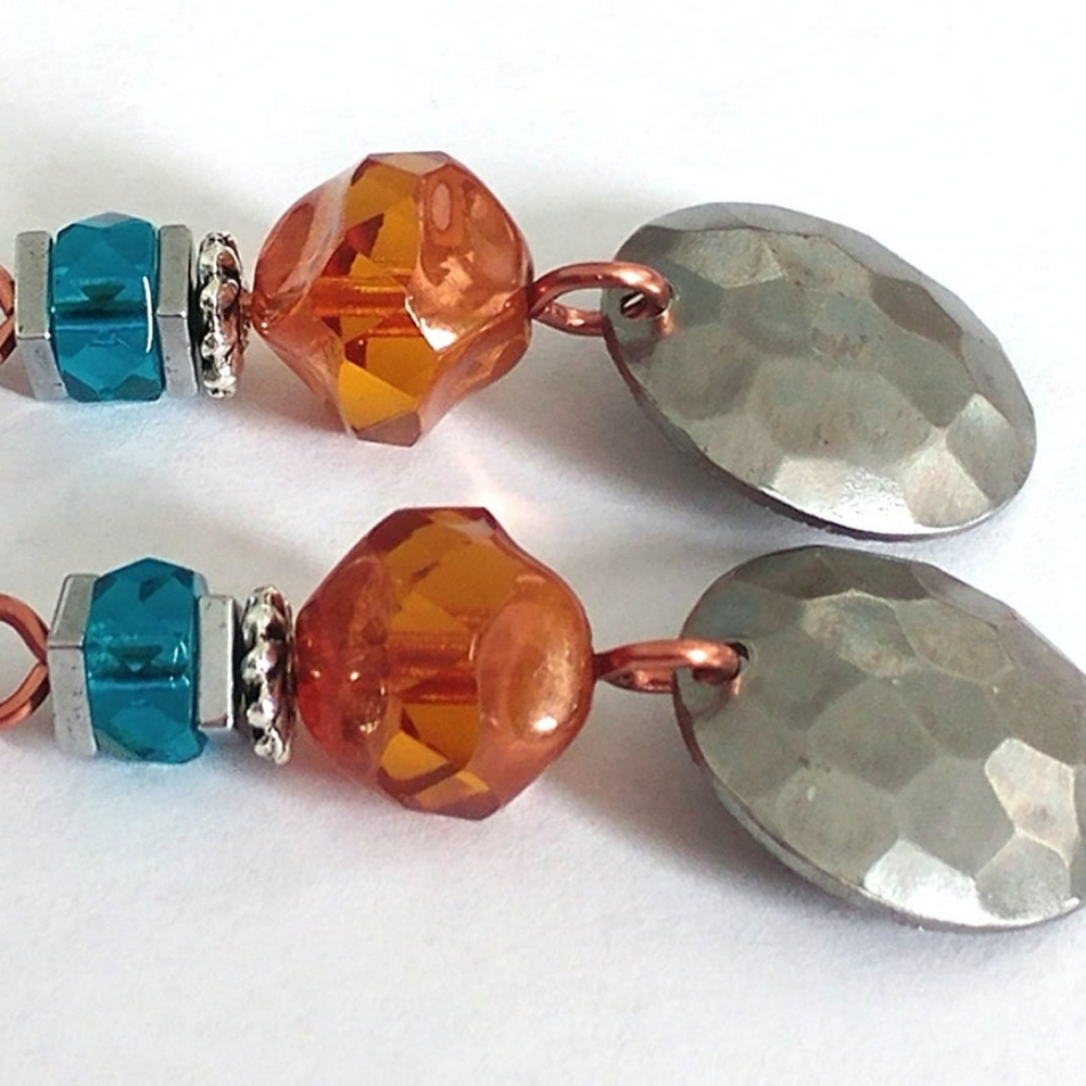 Mixed metal Copper Silver hammered disk earrings